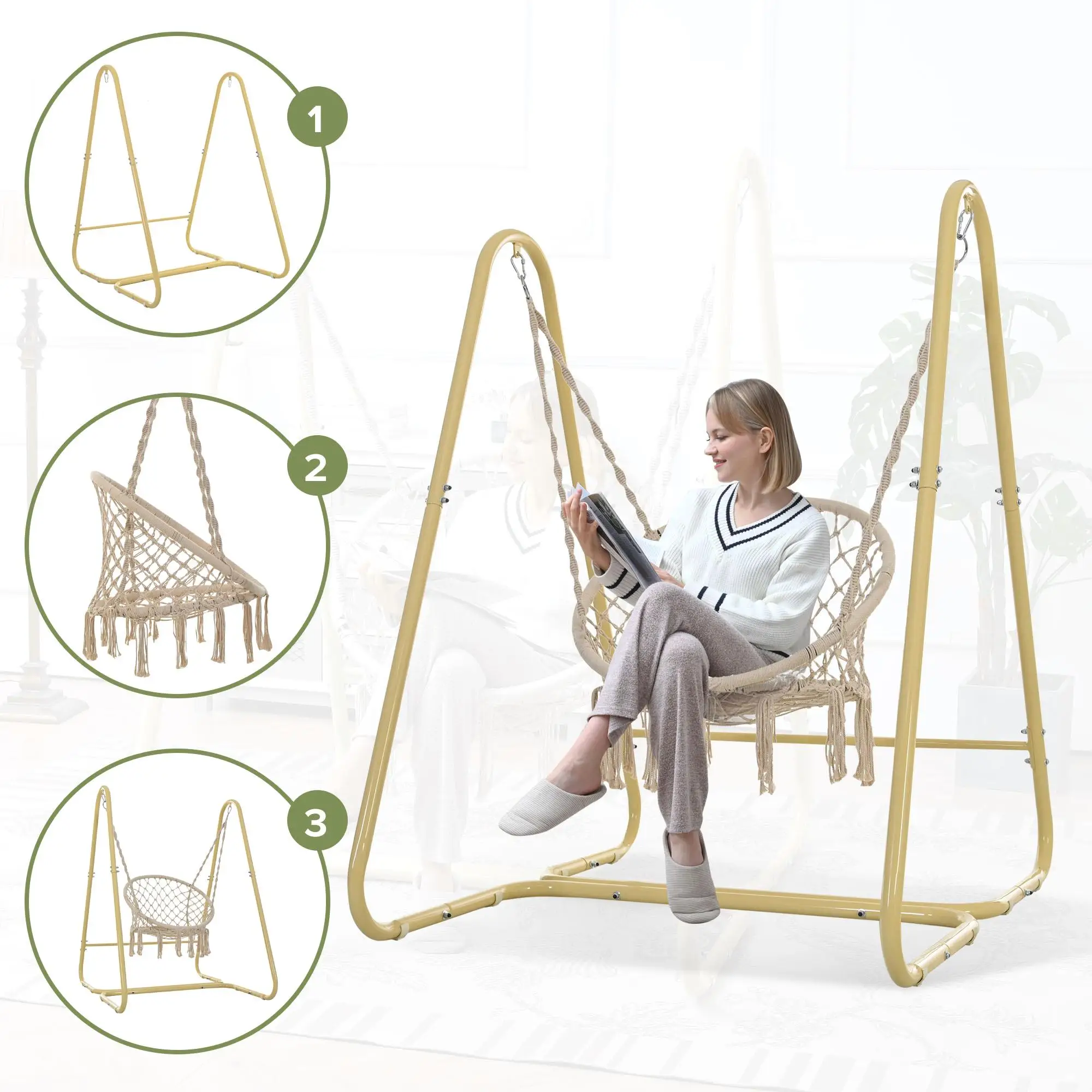 

Handmade Macrame Swing Hammock Chair with Stand - Cozy Indoor/Outdoor Relaxation Seat