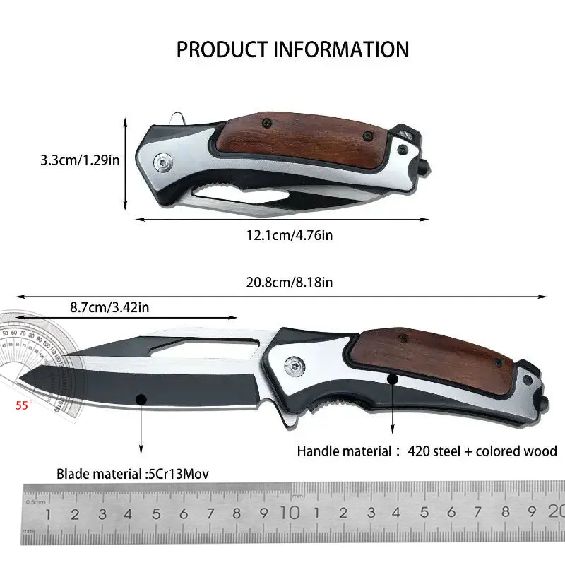 Outdoor Folding Knife with Wooden Handle, Multi-function Pocket Knife, Camping Survival Knife, Field Self-Defense Knife