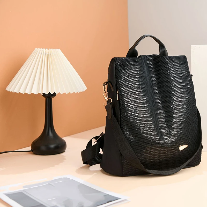 Mochila escolar de lantejoulas preta para estudante, versão coreana, grande capacidade, casual, vertical, quadrada, mochila feminina ao ar livre, nova tendência