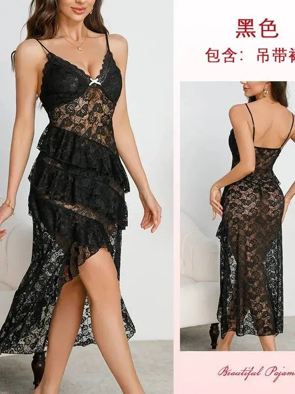 Sukienka w stylu wróżki z koronką, głęboki dekolt w serek, uwodzicielska, dopasowana, elegancka, na cienkich ramiączkach, seksowna, prześwitująca, z falbankami, z nadrukiem, koszula nocna, jednolity kolor, urok N9OS