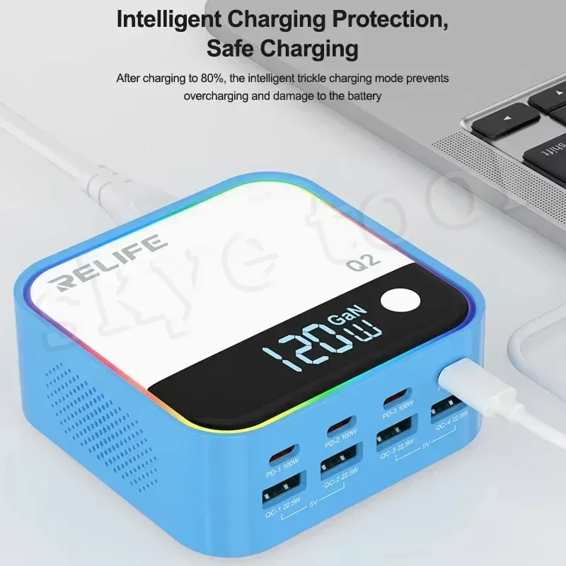 Relife Q2 120W 8-poorts Gan-oplader Dual PD/Dual QC/SCP met PD100W Opladen Intelligente oplaadbescherming voor elektronisch apparaat