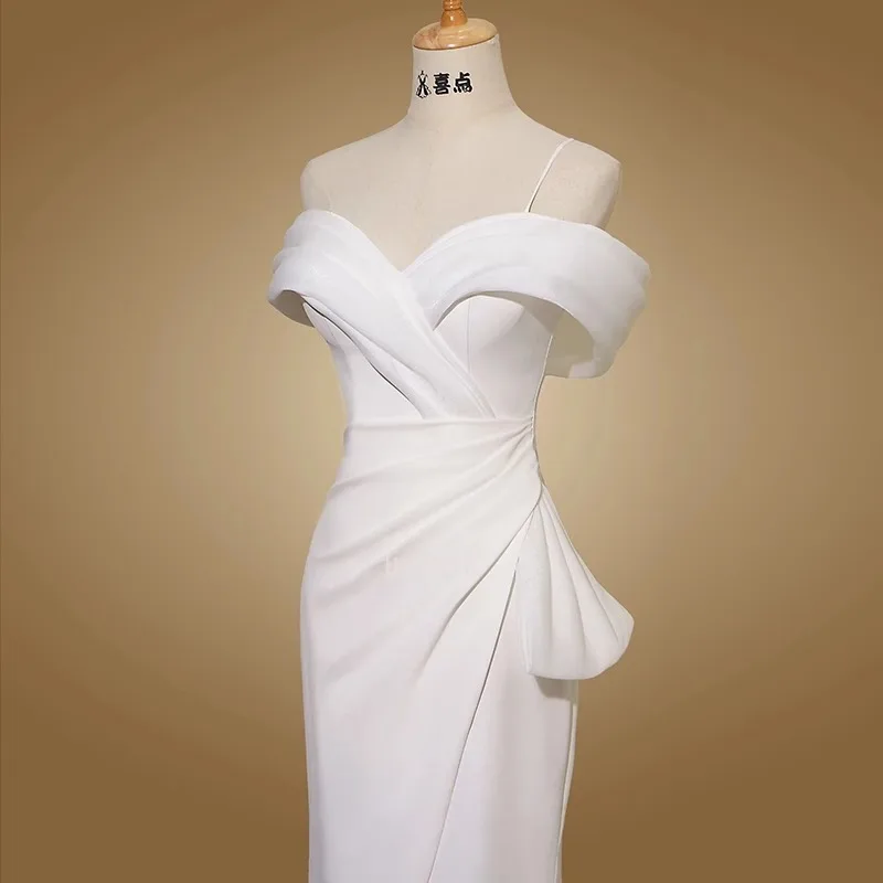 맞춤형 이브닝 드레스 화이트 저지 오프 숄더 바닥 길이 레이스 업 인어 플러스 사이즈 플리츠 여성 파티 공식 가운