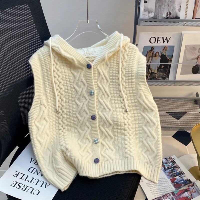 

Women's Beige Striped Knitting Vest One Breasted Soft Sleeveless Hooded Waistcoat Female Casual Thermal Warm Knits Jackets