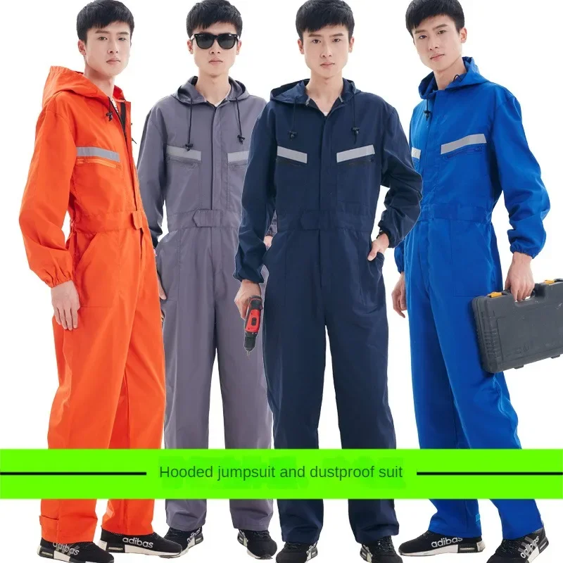 

Hooded Coveralls Long Sleeve One-Piece Trousers Reflective Strip Cargo Pants Dust-proof Auto Repair Protective Suit Jumpsuit