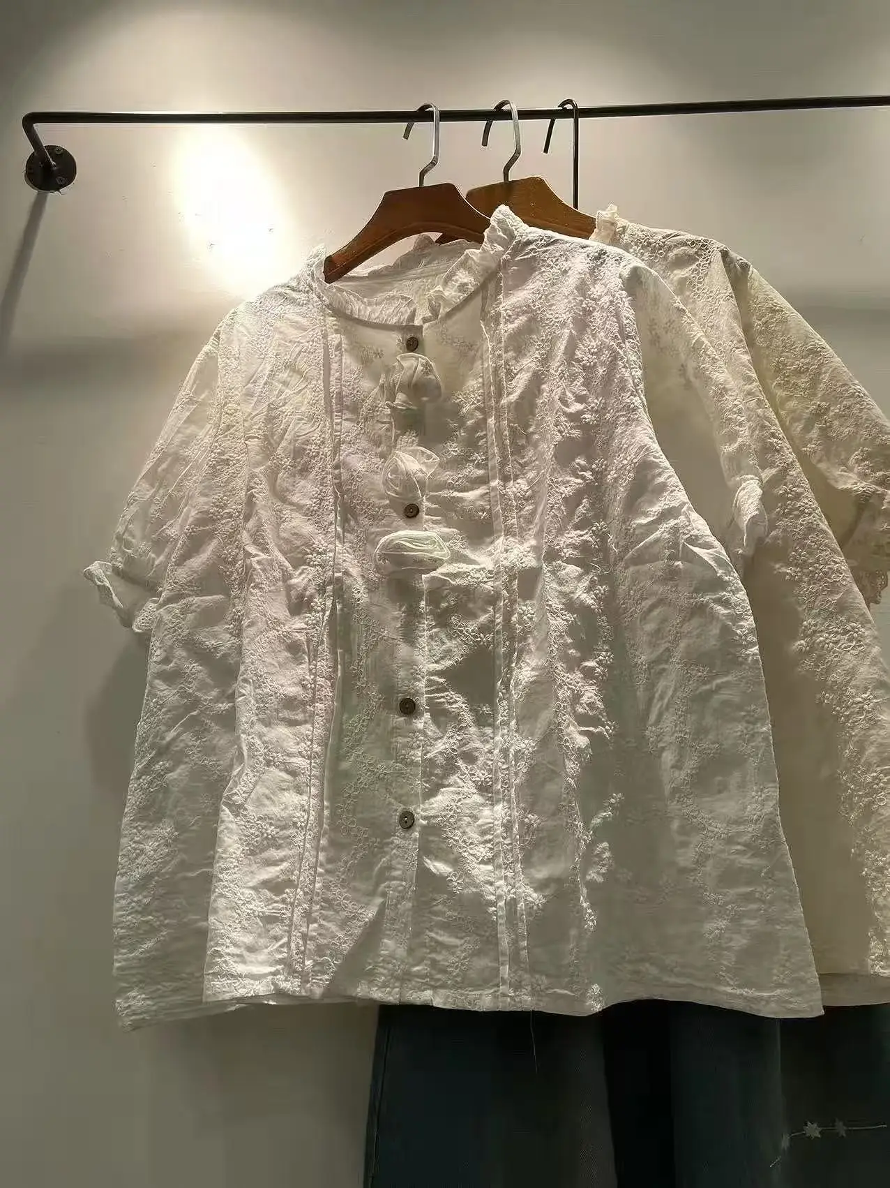Bust 114cm Mori kei fashion cotton sweet lace embroidery shirts 3d rose flower short sleeve blouses lolita cute clothes