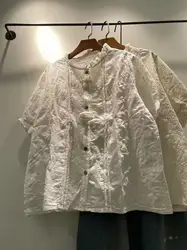 Bust 114cm Mori kei fashion cotton sweet lace embroidery shirts 3d rose flower short sleeve blouses lolita cute clothes