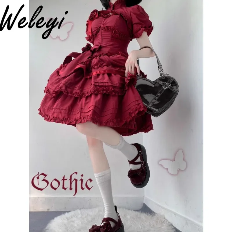 

Original Gothic Retro Red Suspender Midi Dress Lolita Fishbone Waist Christmas Bodycon Short Dresses Women with Short Vest Top