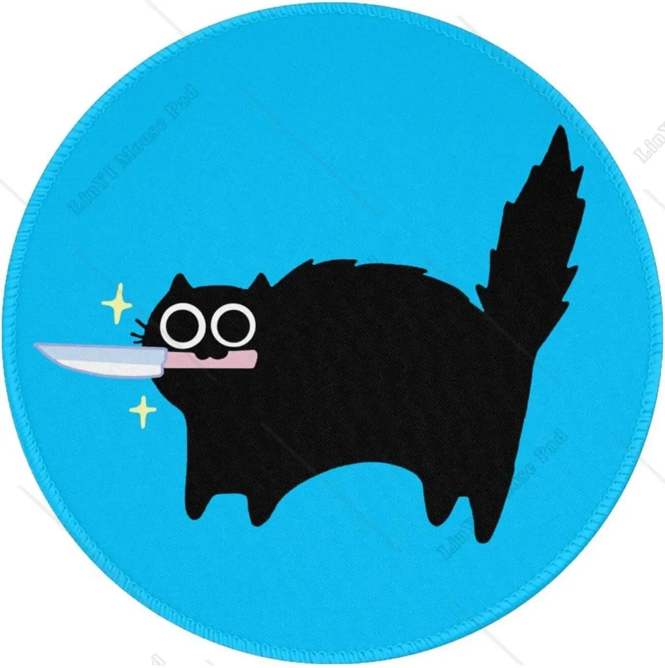 Black Cat with Knife Cute Round Mousepad with Non-Slip Rubber Base Stitched Edge for Mouse Office Home Gaming Working 7.9 Inch