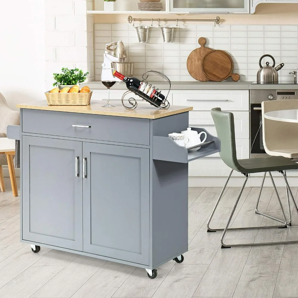 

Kitchen Island, Rolling Kitchen Cart with Spice and Towel Rack, Large Drawer & 2-Door Storage Cabinet, Home Service Cart