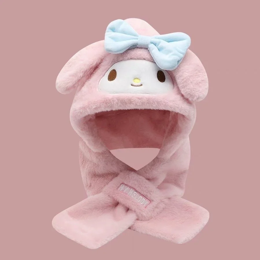 Children'S Hat Scarf Integrated Winter Warm Kuromi Cute Kuromi Anime Plush Cartoon Ear Protection Hat Gloves New Model