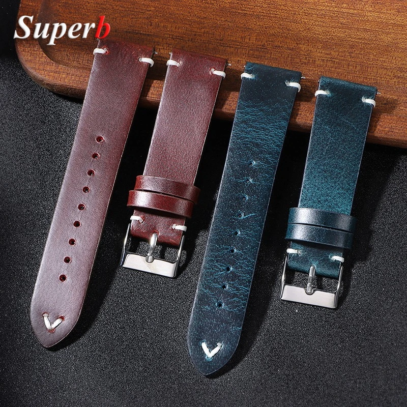 Ремешки для часов из натуральной кожи ручной работы в стиле ретро с масляным воском, быстросъемный ремешок для часов из телячьей кожи, 18 мм, 20 мм, 22 мм, аксессуары для часов