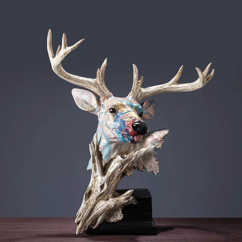 [Craft] Unique Large abstract Art Colorful Graffiti Deer Head model Statue Painted Deer Head resin home Decoration room ornament