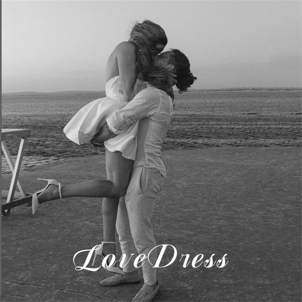 Love Beach Mini Strapless Pearls Stain A-Line Wedding Dress Charming Above Knee Sleeveless Boat Neck Backless Lace Up Customized