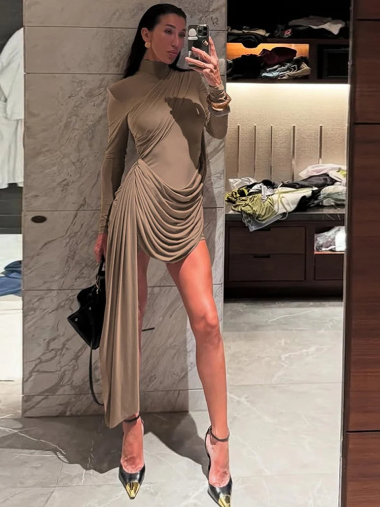 Beyprern Sexy Women's Turtleneck Ruched Cutout Back Bodycon Mini Dress with Draped Sash Backless Night Clubwear Outfits