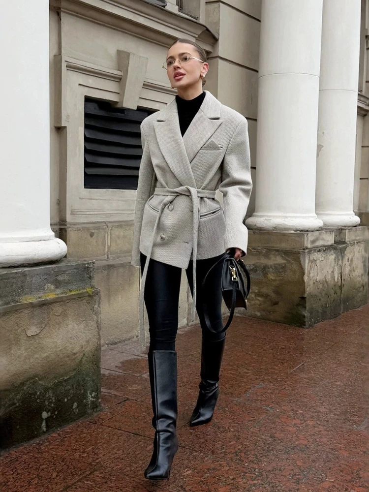 FDYOUI Elegant Fashion Double Breasted Suits Women 2026 Autumn Winter Bandage Blazer Outerwear Office Lady Chic Coat High Street
