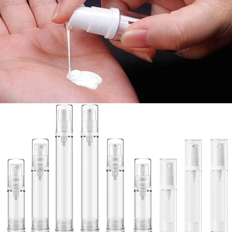 Garrafas De Bomba De Loção Sem Ar De Plástico Transparente, Frasco De Spray De Perfume De Vácuo, Recipientes De Amostra De Toner De Pele De Soro Cosméticos, 5ml-15ml, 10Pcs