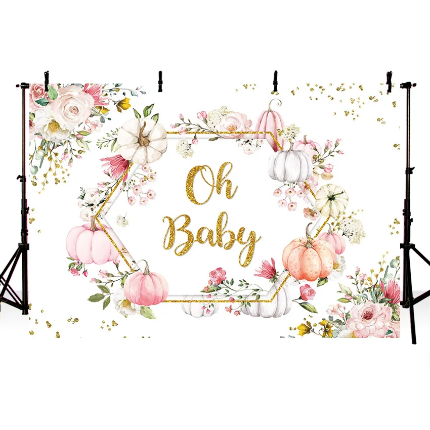 Mehofond Oh Baby Little Pumpkin Background Baby Shower Newborn 1st Birthday Photography Gold Frame Flower Backdrop Photo Studio