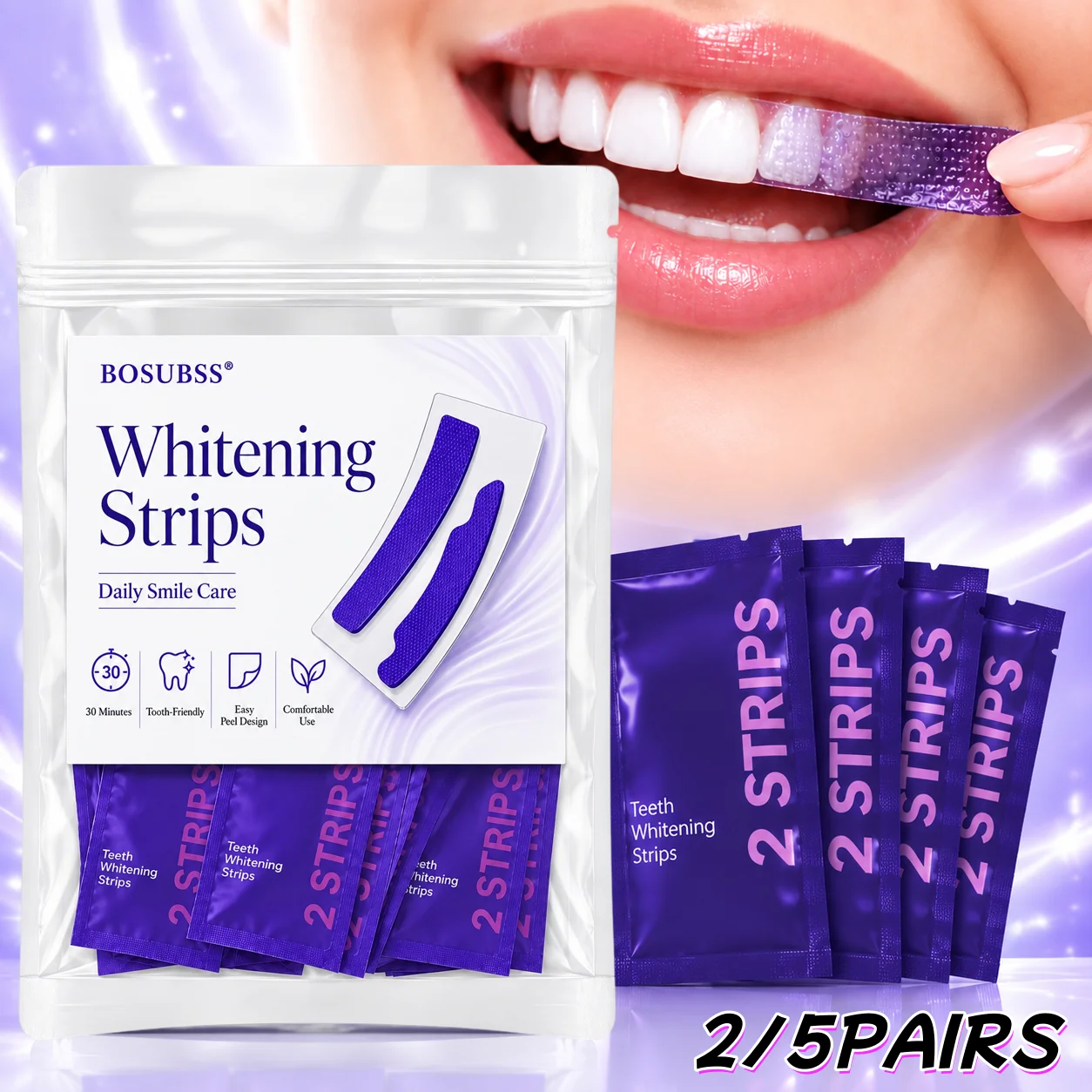 2/5 Pairs Purple Smile Care Strips, Oral Beauty Teeth Stickers, Gentle Fit Easy Home Use Fresh Smile Routine