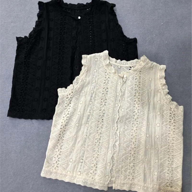 Johnature Japanese Forest Layering Versatile Embroidery Hollow Vests Thin Lace Collar Lace Shoulder Summer New 2025 Loose Vests