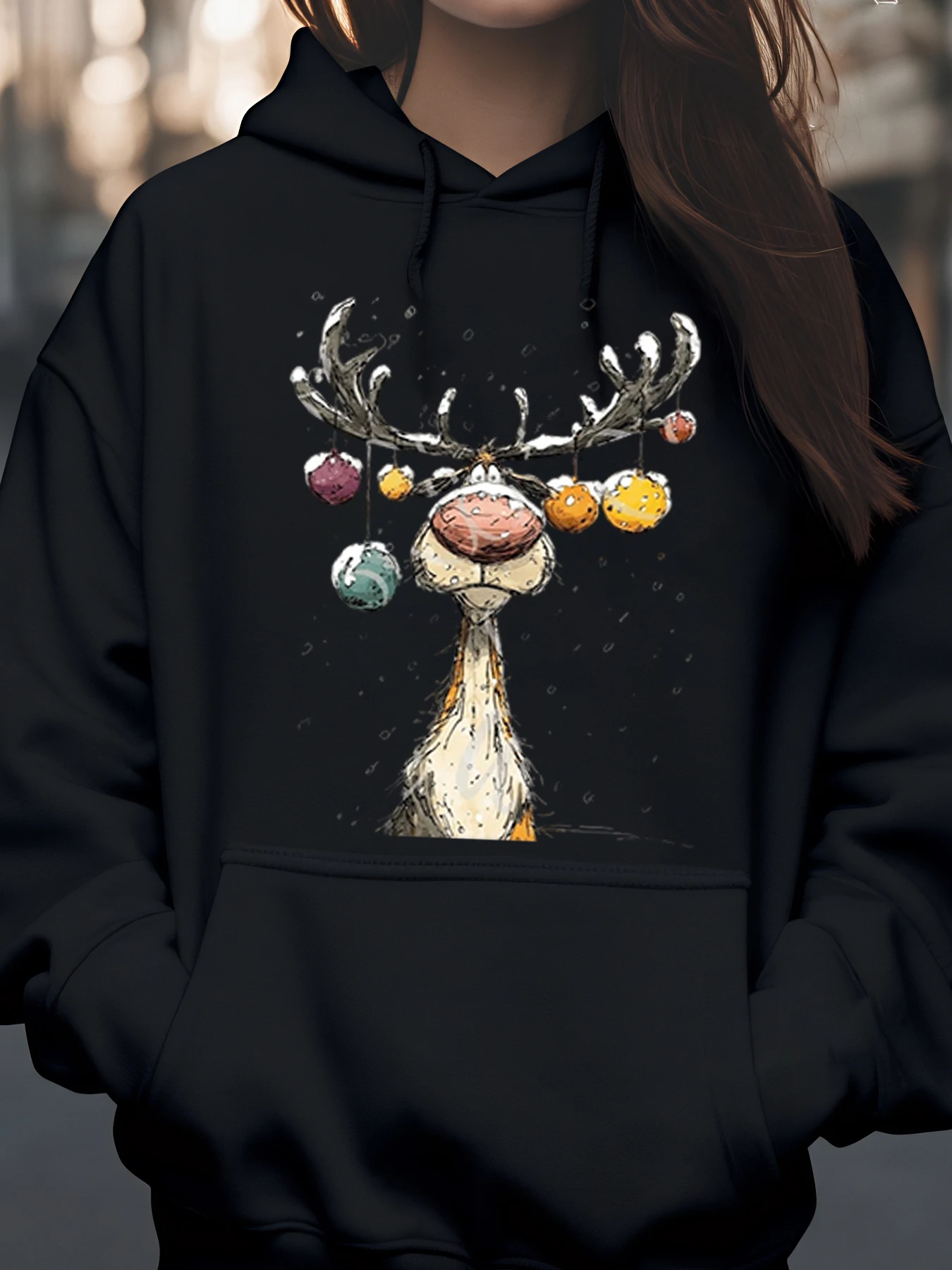 Renne de Noël avec ornements imprimé sweat à capuche vacances tenue décontracté femmes