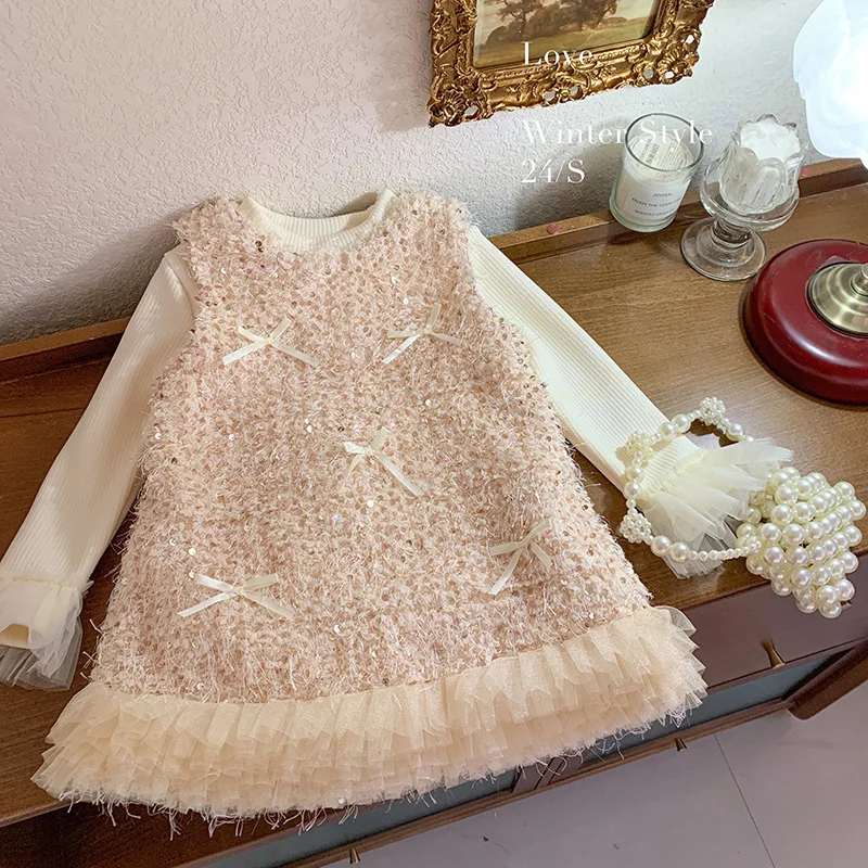 Girl's Little Fragrant Wind with Velvet Dress 2024 Winter Dress with Velvet Top High Grade Girl Baby Sparkling Princess Dress