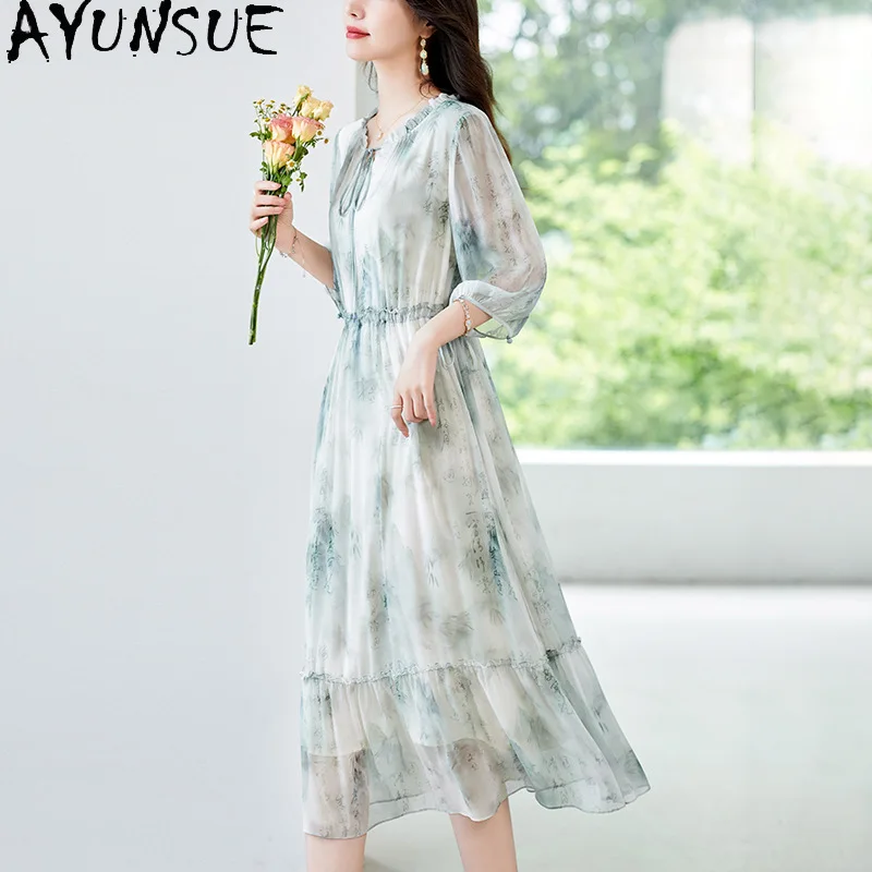 AYUNSUE 100% Natural Mulberry Silk Dress Women Clothing Elegant Womens Dresses Fashion Summer Dress Comfortable Платье Женское