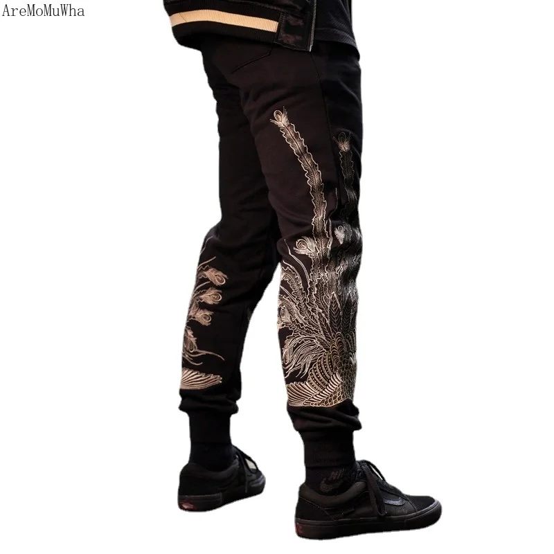 New Chinese Style Autumn Winter Men's Phoenix Embroidery Cotton trousers Thick Sports Pants for Men and Women Couples M-3XL