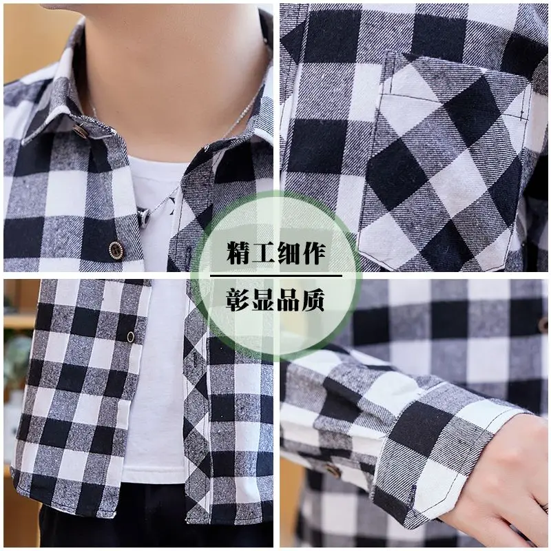 Cool Spring Sutumn Turn-down Collar Long Sleeve Men Button Cardigan Korean Fashion Casual Oversized Clothes Plaid Vintage Tops