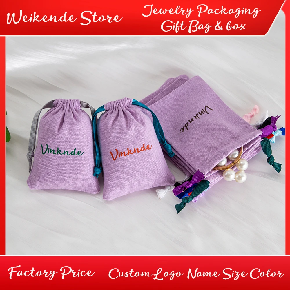 

Personalized Logo Organic Cotton Ribbon Drawstring Pouches Violet Muslin Canvas Bags Jewelry Earring Packaging Sack Wedding Gift