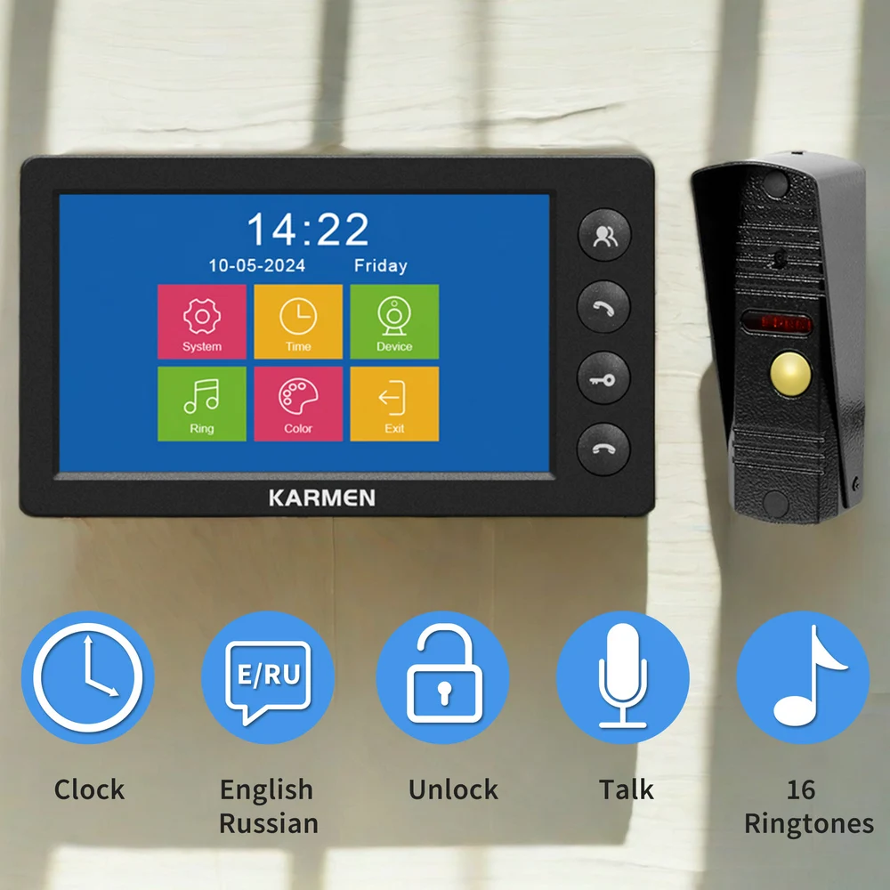 Imagem -02 - Karmen-vídeo Campainha para Casa Interfone com Fio Tela de Polegadas Impermeável Telefone de Porta Colorida Câmera Sistema de Desbloqueio de Suporte