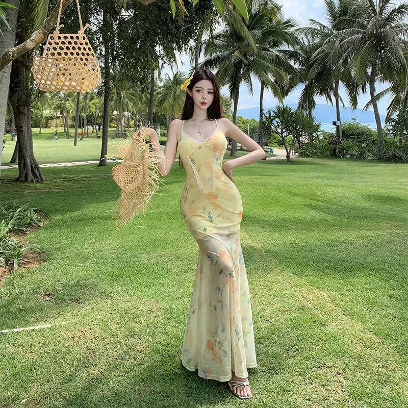 

Женское желтое платье макси с цветочным принтом, сетчатое, на тонких бретелях, с подолом-русалкой, для пляжных вечеринок