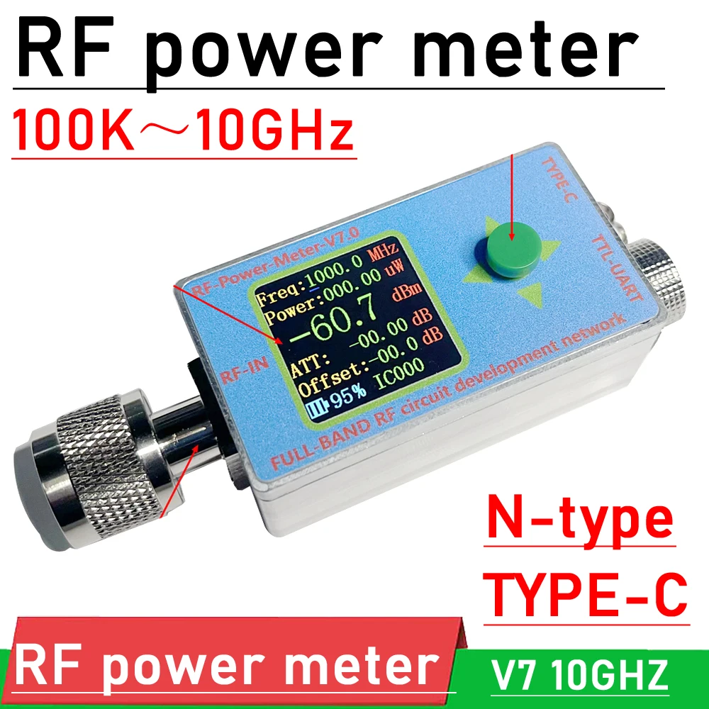 N-type 100K-10Ghz V7 RF Power Meter TTL Software Communication TYPE-C USB Data Export Power Detector RF Attenuator Ham Radio