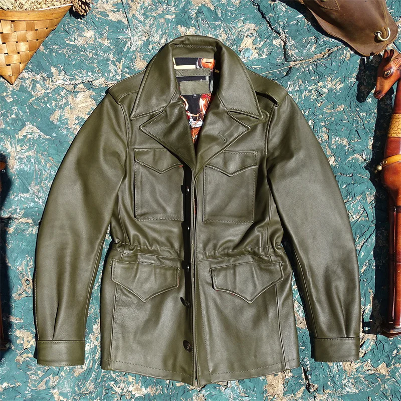 

Slim Fit Leather Jaet Men's Busin Sle Windproof Long Sve Mid-Length Curphey Genuine eepskin Leather Coat