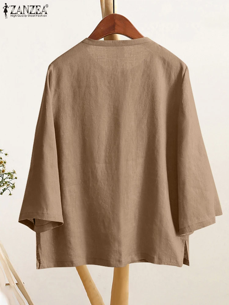 ZANZEA Everyday Wear Plain Blouse Vintage Cotton Casual Loose Women Blusas Mujer 3/4 Sleeve Solid 2025 Spring Summer O Neck Tops