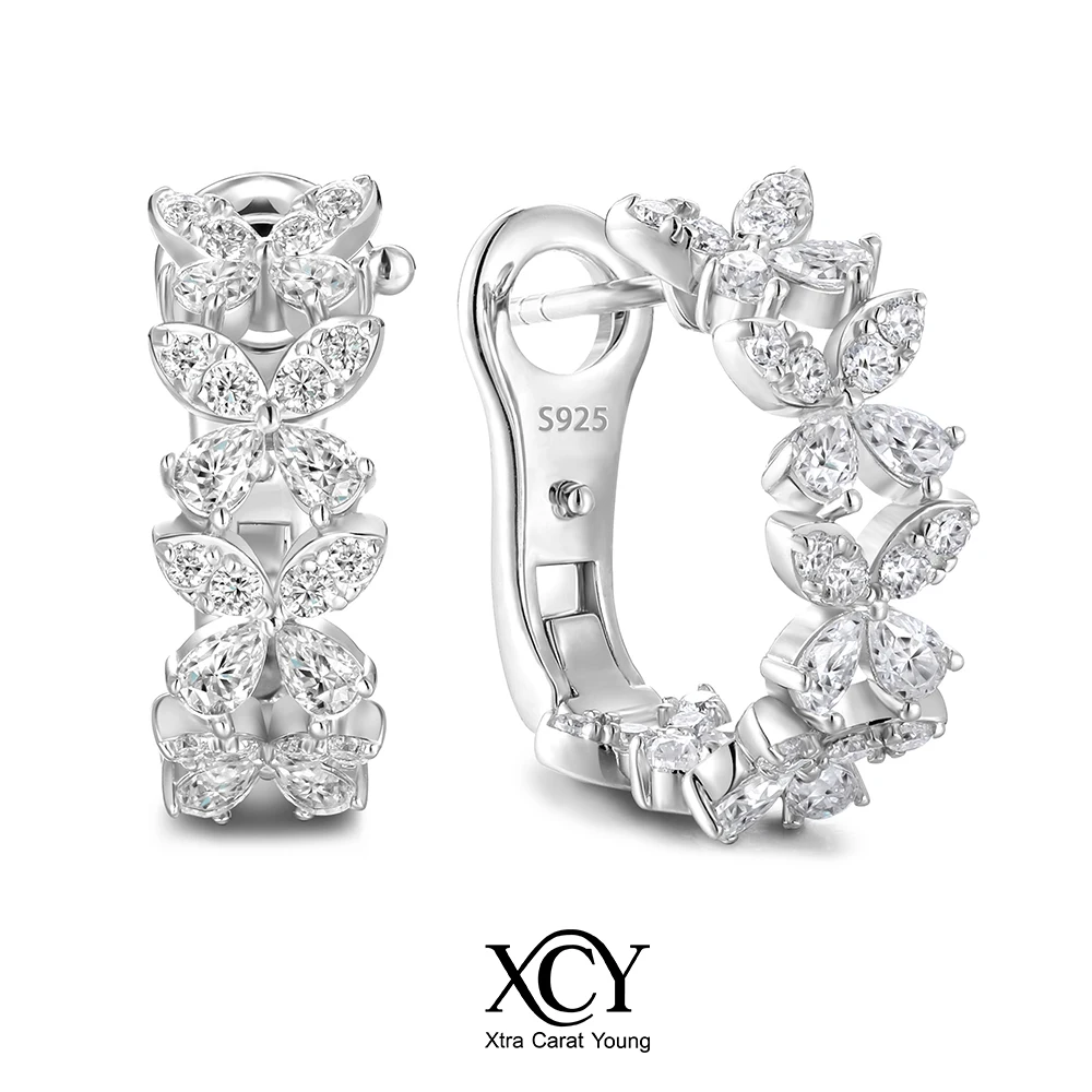 XCY Moissanite Butterfly Hoop Earrings 925 Silver Sparkling Marquise Cut Huggie Earrings for Women Wedding Party Fine Jewelry