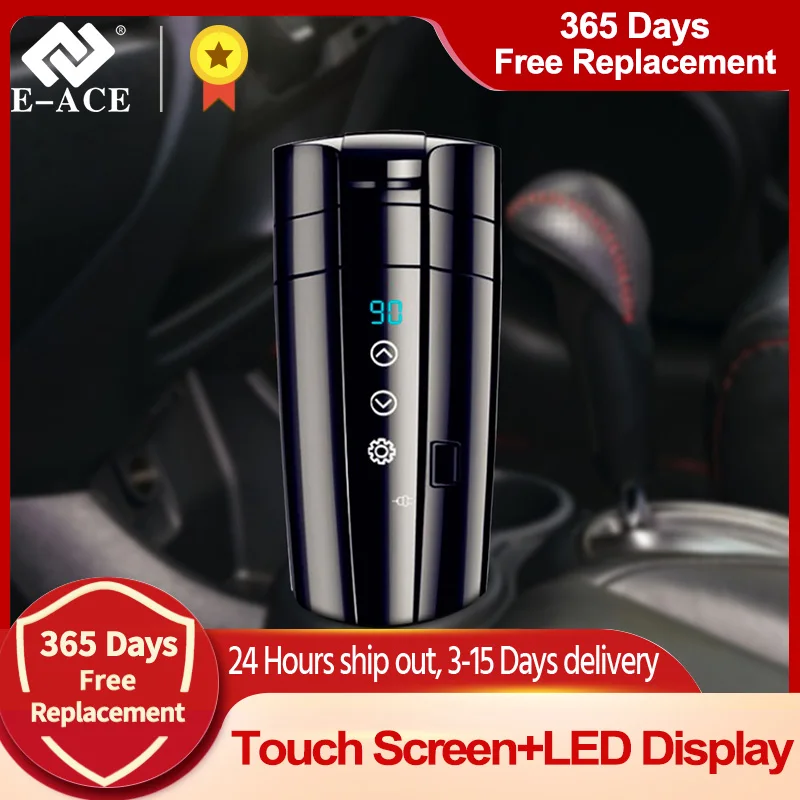 Taza calefactora portátil para coche E-ACE de 12V, pantalla táctil de acero inoxidable de 400ml, pantalla Digital, botella calentadora de agua, termo, hervidor de coche