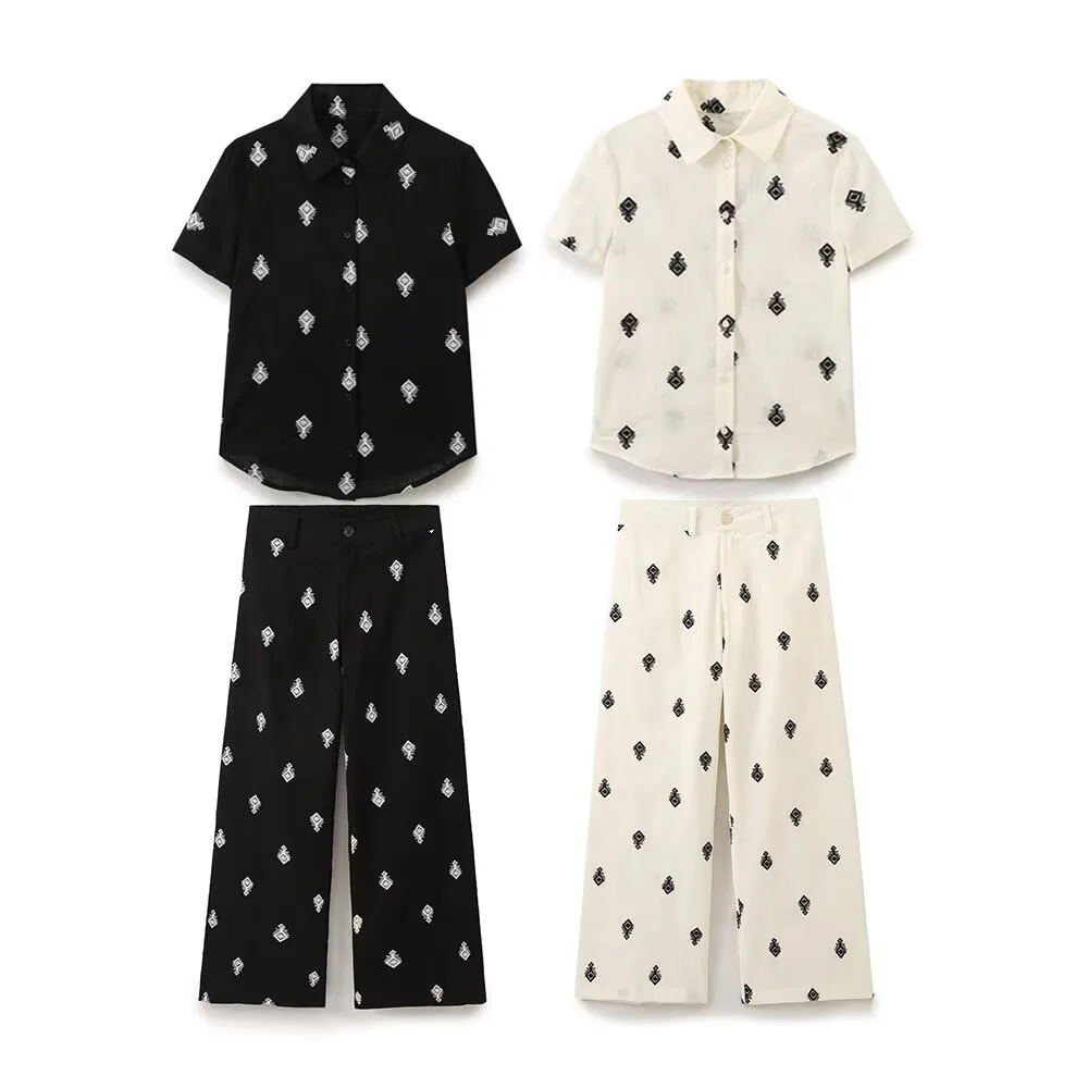 

PB&ZA 2025 Women's Sets Short - Sleeve Shirts and Wide - Leg Pants with Contrasting Pattern for a Stylish and Chic Look
