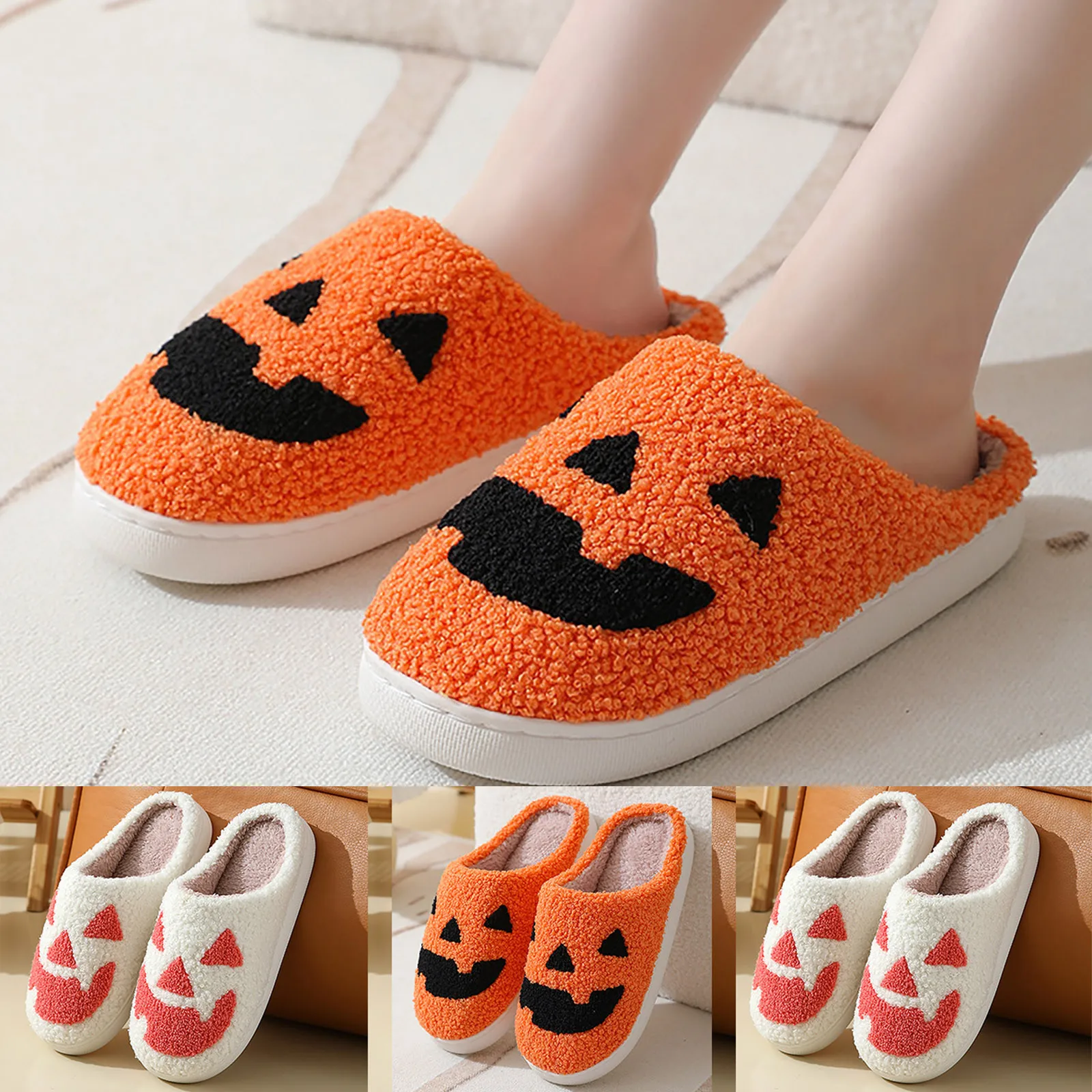 Halloween Winter Women Slippers Ghost Face Pumpkin Slippers Couple Flat Soft Plush Cozy Indoor Plush Women House Fashion Shoes