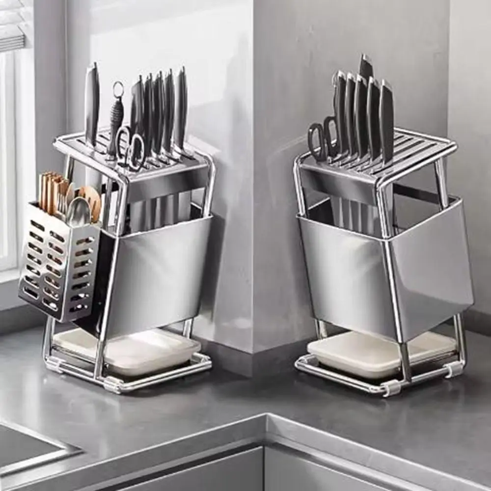 

Stable Stainless Steel Knives Holder Anti-slip Space Saving Countertop Knives Holder Large Capacity Chopstick Bucket for Home