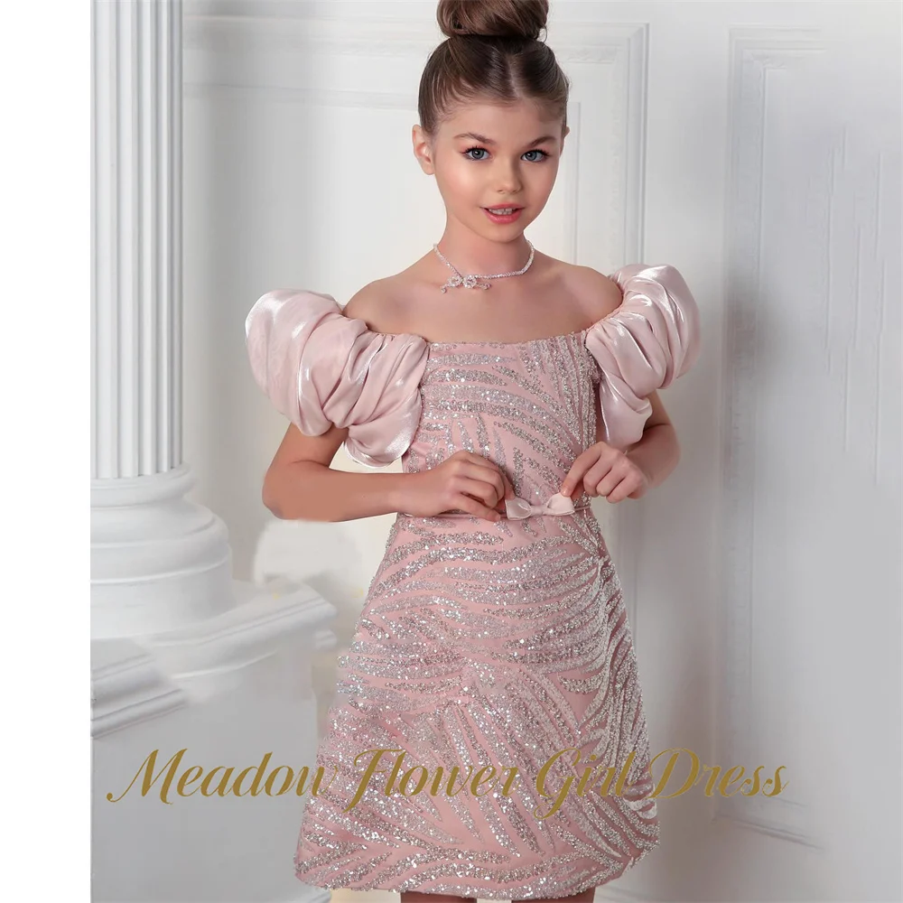 Meadow All‑Over Silver Sequin Flower Girl Dress Waist With Bow Kids Birthday Party Dress Pink Tutu Fluffy Prom Gown Customized