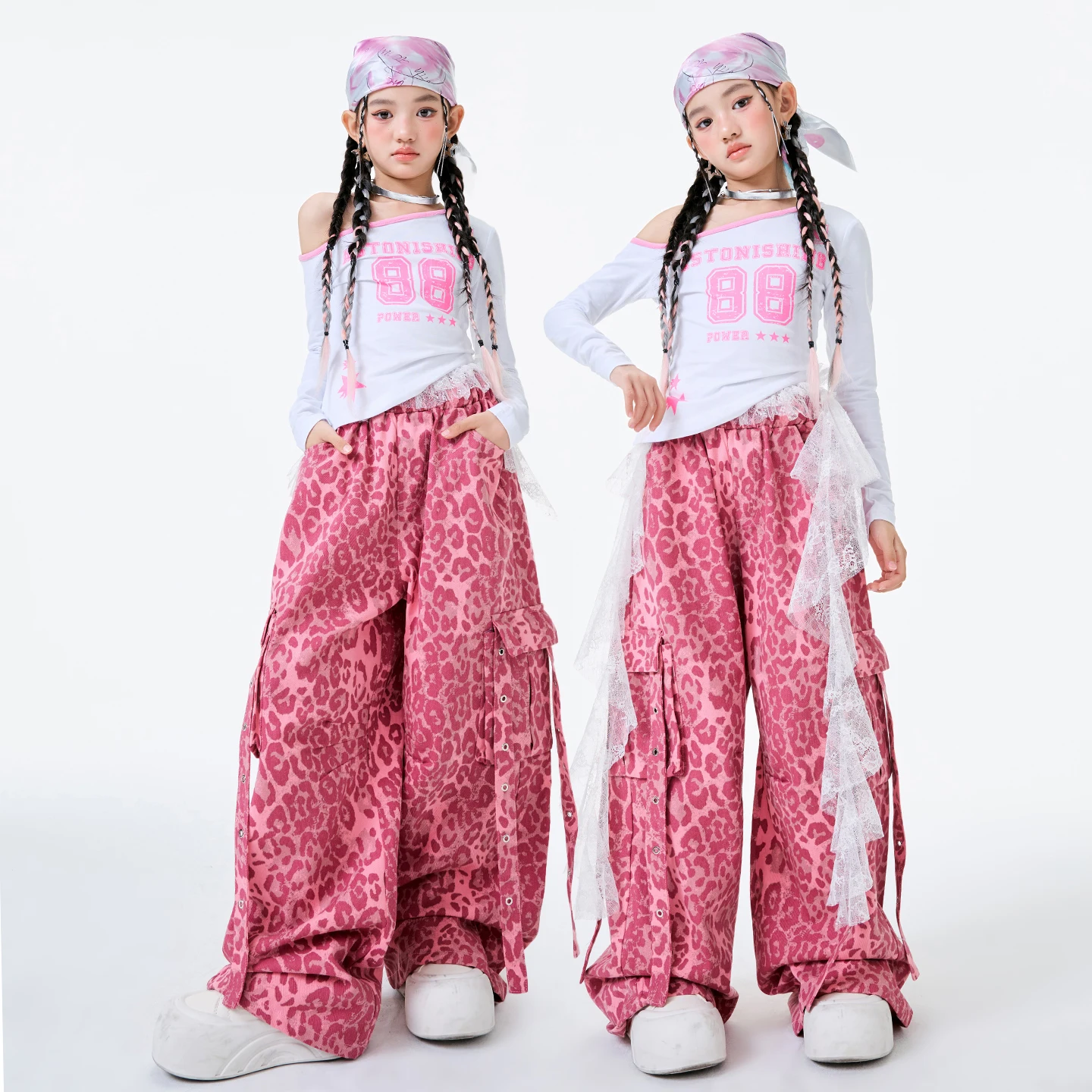 New Kids Cool Hip Hop Clothing Girls Jazz Dance Costume White Top Leopard Pants Children'S Ballroom Dance Street Suit XS10430