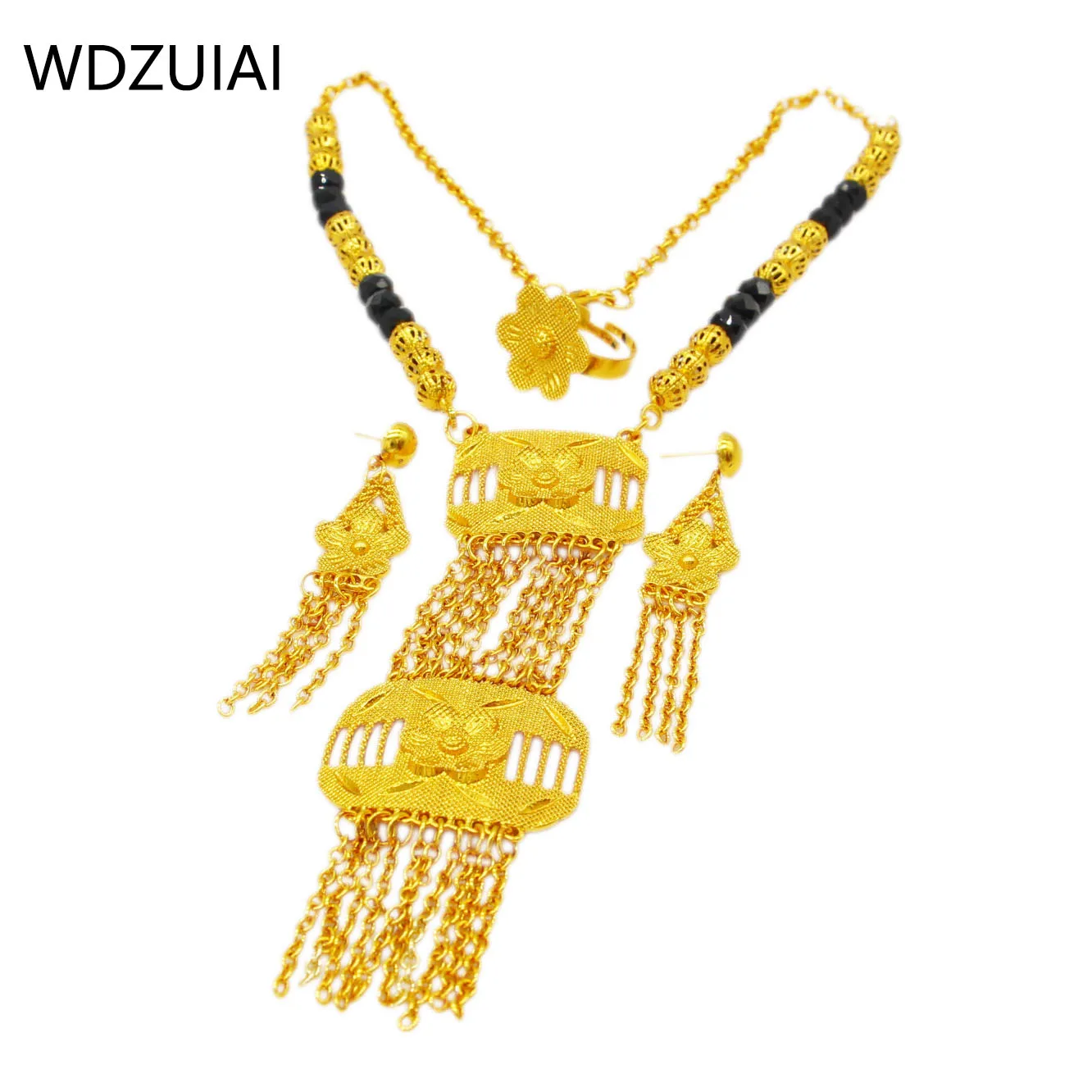 WDZUIAI 24K Gold Color Black/White Stone Tassels Necklace&Earrings&Ring Jewelry Set African Arab Women Bridal Wedding Jewelry