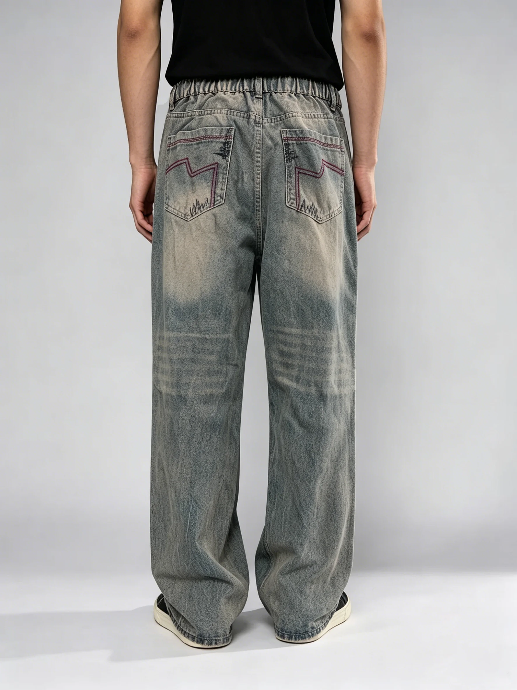 【HME】Men's Jeans | Vintage Washed Denim Pants, Men Wide Leg Baggy Jeans With Patchwork Distressed Embroidery, Elastic Back Waist Casual Denim Trousers For Street Daily Wear, Loose Fit Men Denim Bottoms For Hip‑hop Style Outfits