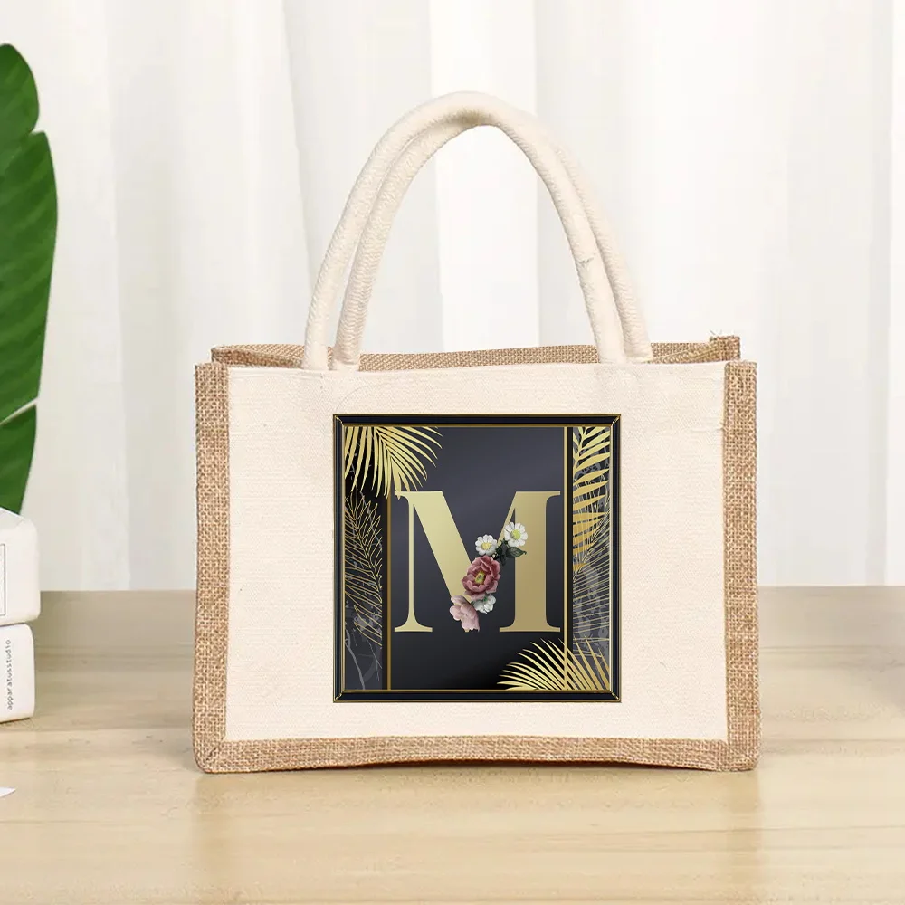 Golden Letter Series Printed Pattern Environmentally Friendly Linen Shoulder Bag  Jute Imitation Linen Bags White Shopping Bag