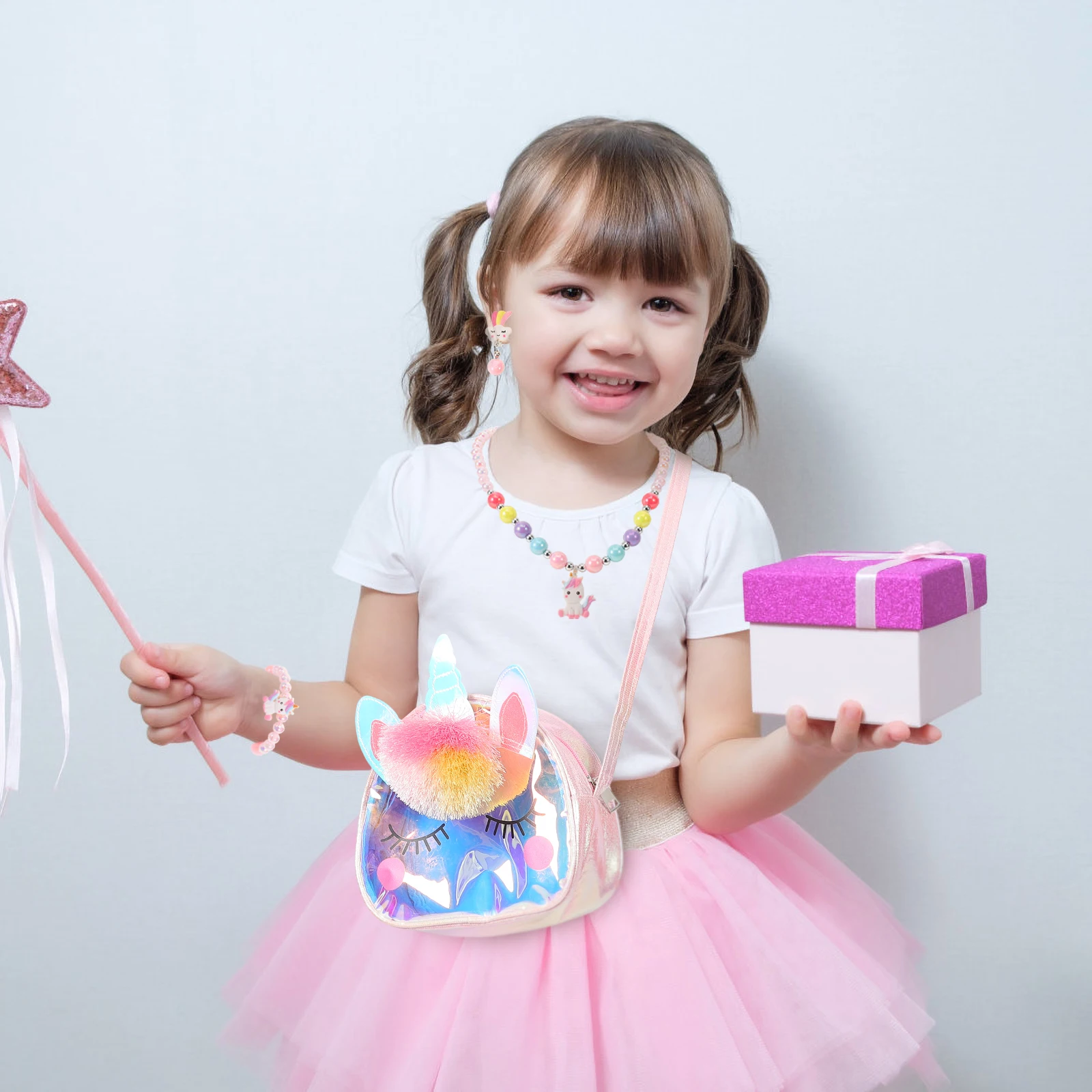 1 مجموعة أطفال طقم مجوهرات يونيكورن حقيبة كتف الكرتون الخرزة قلادة سوار حلقة القرط الفتيات طفل موضة متعة هدية