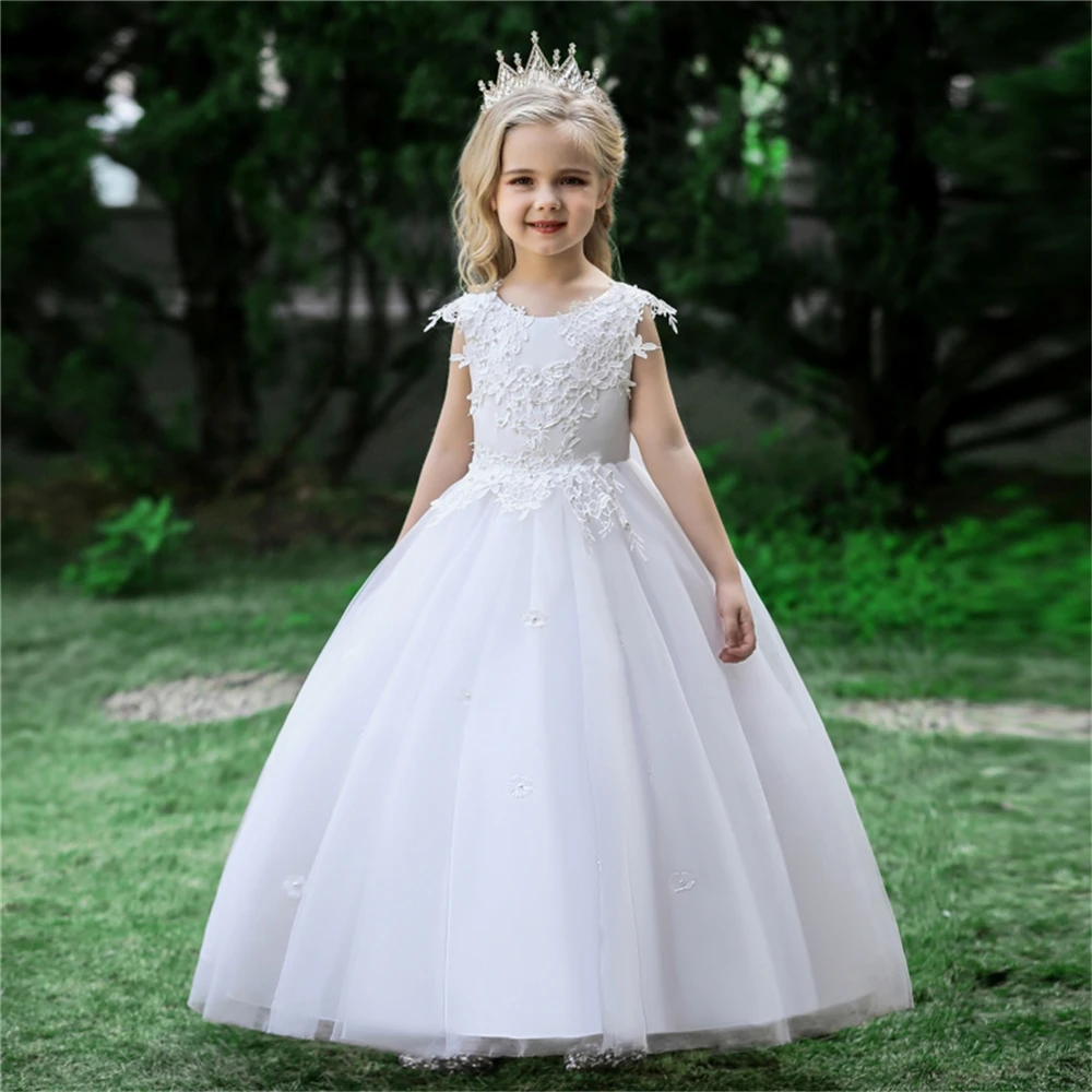 First Communion Dresses Lovely Sleeveless Fluffy Tulle Lace Decal Flower Girl Dress Princess Ball Kids Surprise Birthday Present