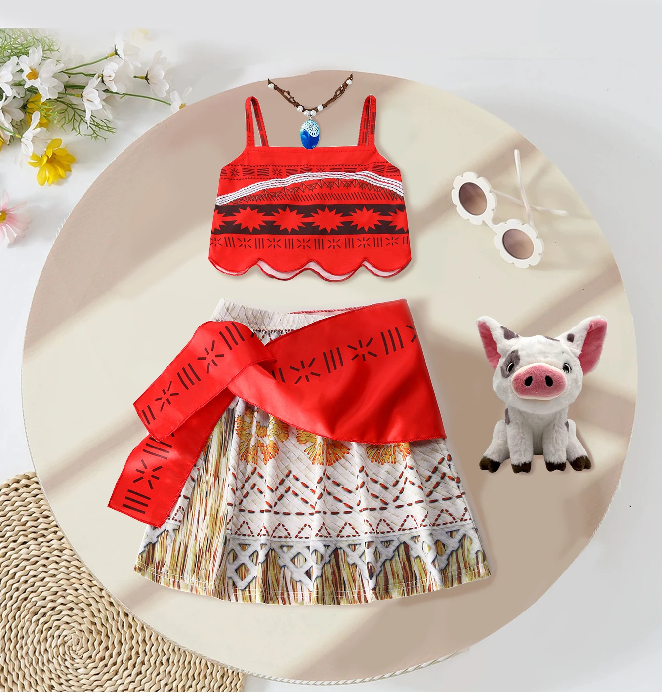 Conjunto de 2 uds. De disfraz de Moana para niños, Top + vestido de vacaciones de verano con estampado completo y fajín, Vestidos elegantes para fiesta de cumpleaños y Halloween