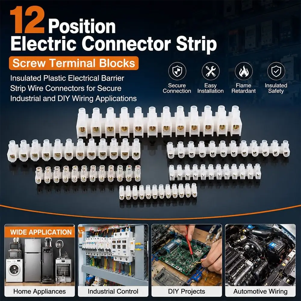 5Pcs 12 Position Electrical Connector Strip Screw Connection Insulated Housing Barrier Terminal Strip H Type Structure