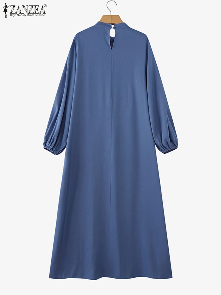 ZANZEA Lantern Long Sleeve Gathering Maxi Dress Casual Women Streetwear 2025 Spring Robes Stand Collar Denim Blue Long Vestidos