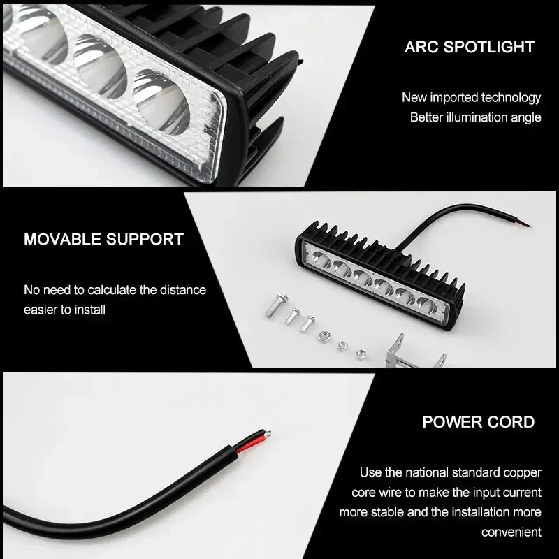 

LED Car 18w 6 Work Light High Bright Spotlight Universal Offroad Automobile Truck Driving Fog Headlights DRL Driving Lamp 12V